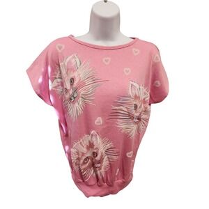 Vintage Pink Short Sleeve T-Shirt Cat‎ Faces Hearts Graphic Print